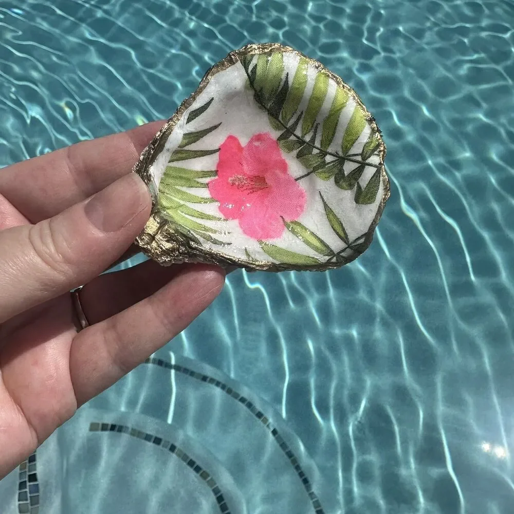 Jewelry Trinket Dish Decoupaged Oyster Shell Floral Hibiscus Flower Theme